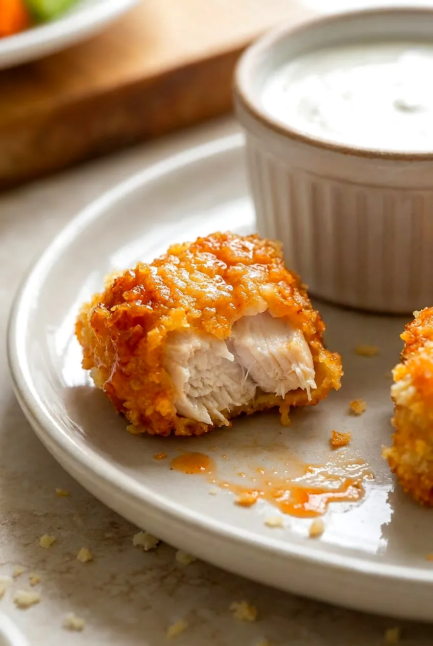 Close-up of a Buffalo chicken nugget torn open, showing juicy white meat and crisp panko coating with a glossy sauce.