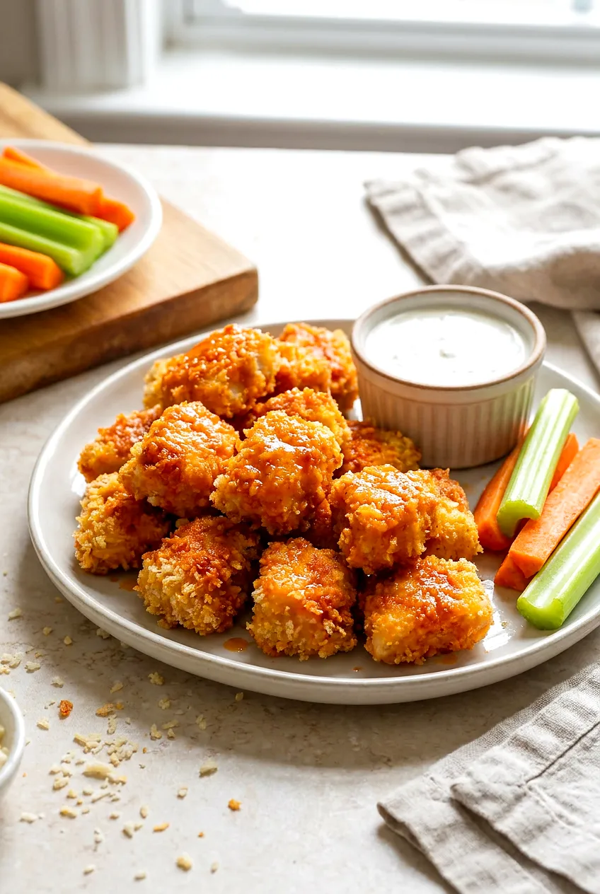 Air Fryer Buffalo chicken nuggets, glossy and crisp, on a plate with ranch dip plus celery and carrot sticks.