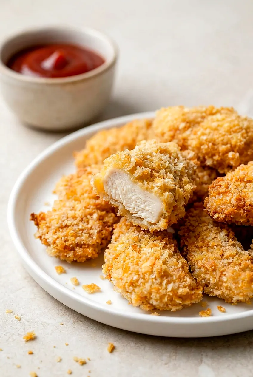 Close-up of a broken-open panko air fryer chicken nugget with juicy white interior and crisp golden coating, crumbs on plate.