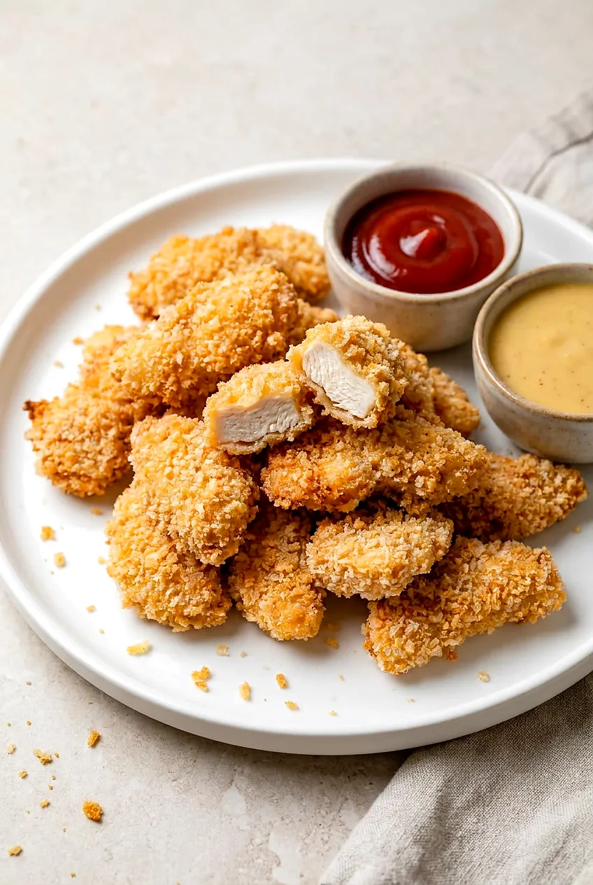Air fryer chicken nuggets with panko on a white plate, golden and crisp, with ketchup and honey mustard for dipping.