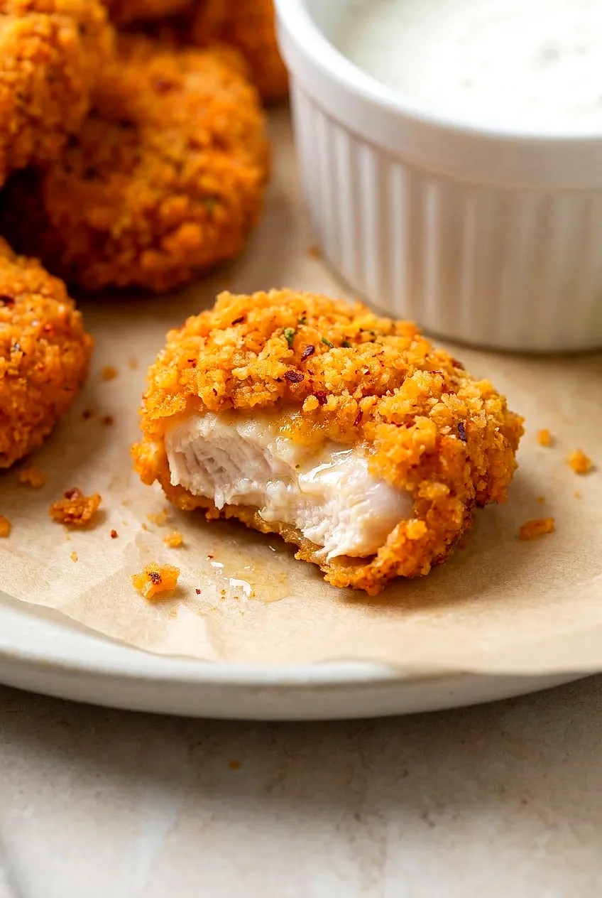 Close-up of a spicy chicken nugget broken open, juicy white meat inside and crunchy panko crust with cayenne flecks.