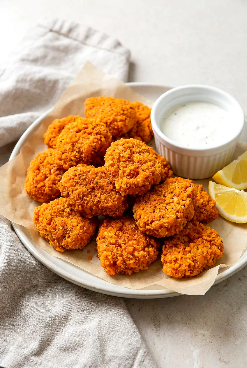 Air Fryer Spicy Chicken Nuggets on a plate with crisp panko coating, golden brown, served with ranch dip and lemon wedges.