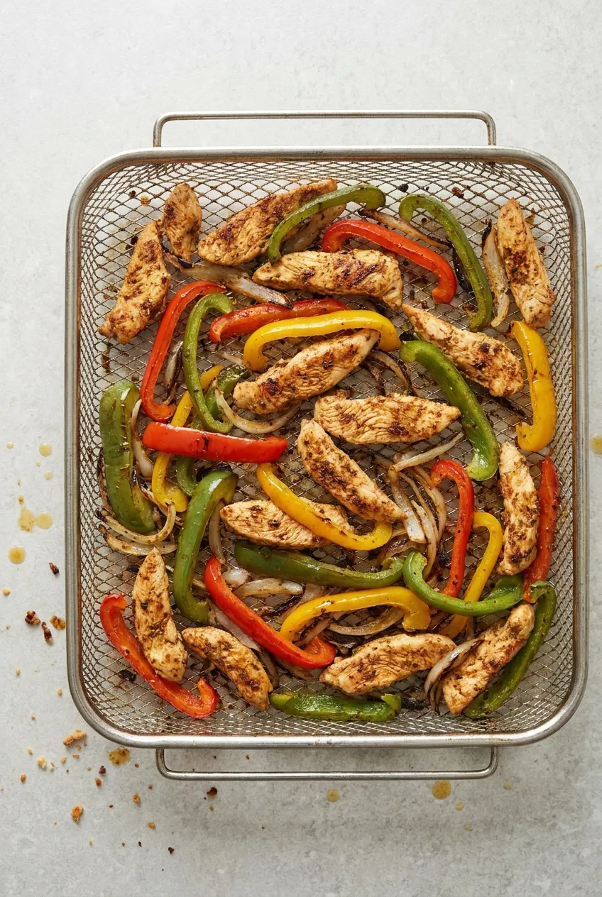 Close-up of air fryer basket with chicken fajitas, browned chicken strips and blistered peppers and onions