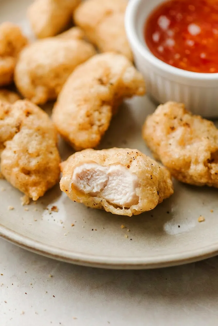 Close-up of a cut-open air fryer tempura chicken nugget showing juicy white meat and a light, crisp tempura batter.
