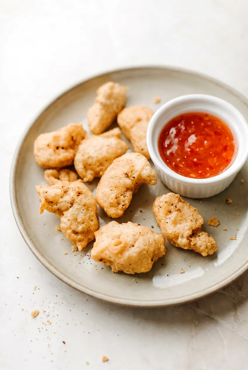 Air fryer tempura chicken nuggets on a neutral plate with sweet chili dipping sauce; light golden batter with crisp edges.