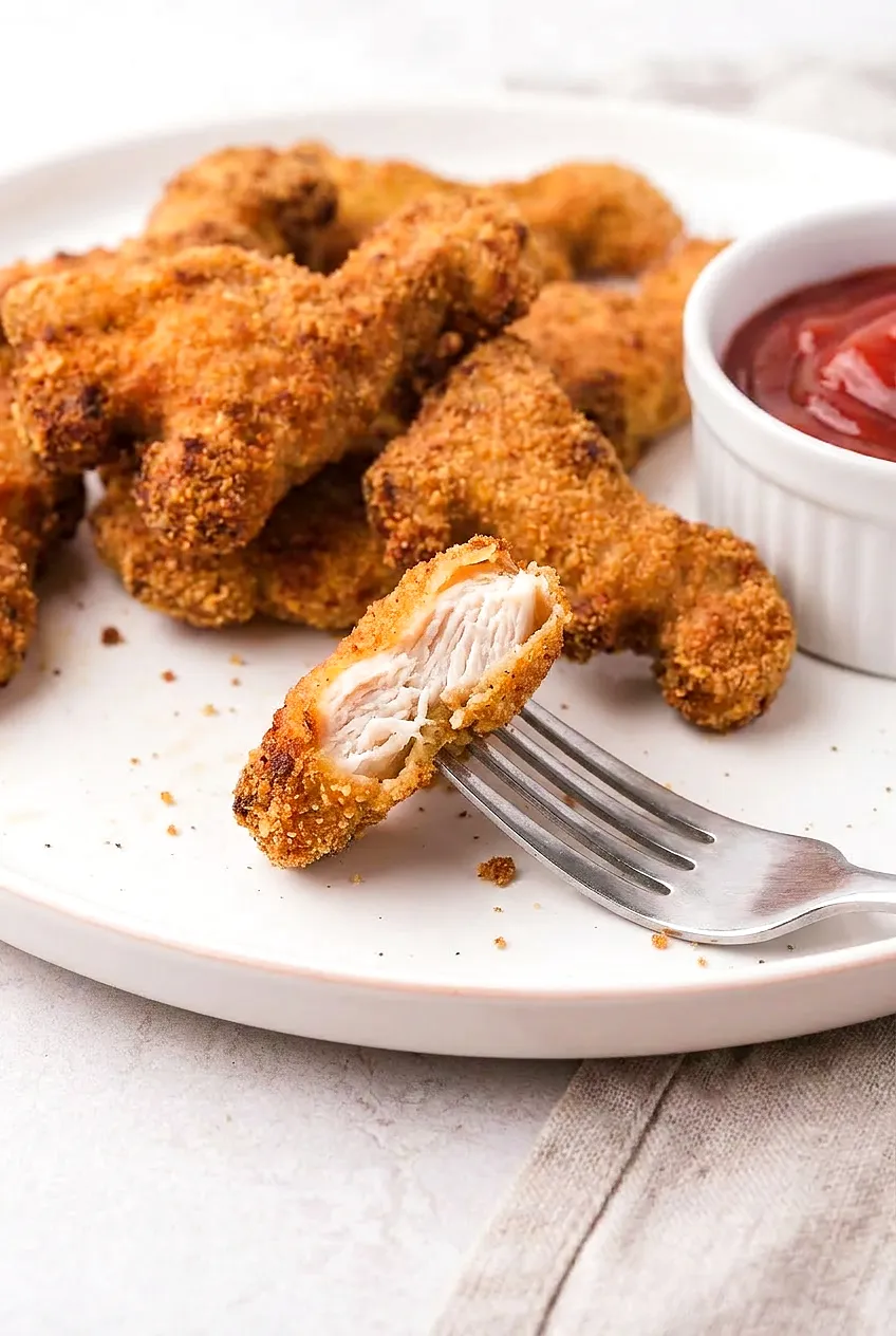 Close-up of an air fryer dinosaur chicken nugget broken open, tender white interior and crunchy golden breading, crumbs on plate.