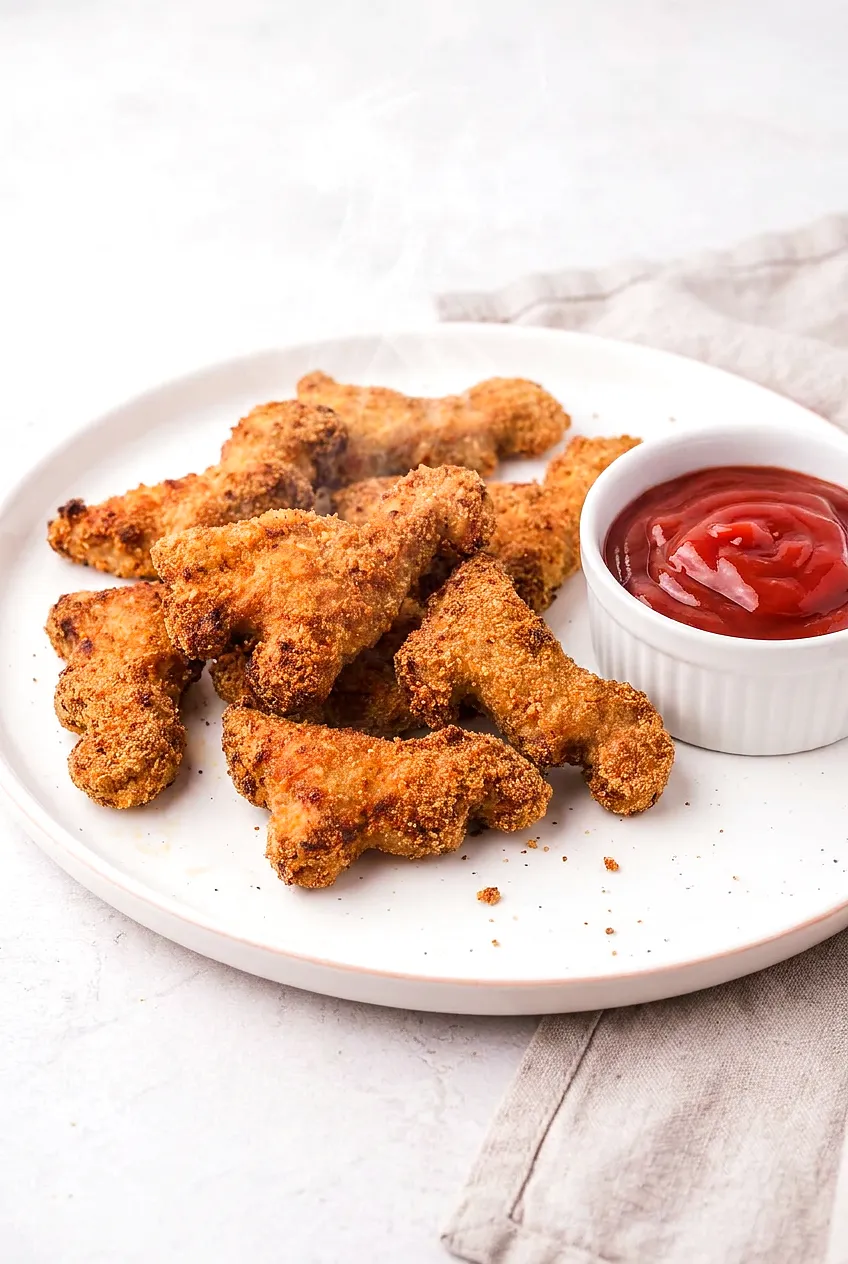 Golden air fryer dinosaur chicken nuggets on a white plate with a small bowl of ketchup, crisp edges and steam rising.