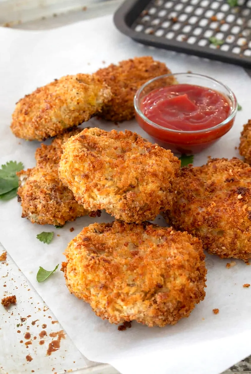 Air fryer chicken nuggets from ground chicken on parchment, golden panko-Parmesan coating with crisp edges.