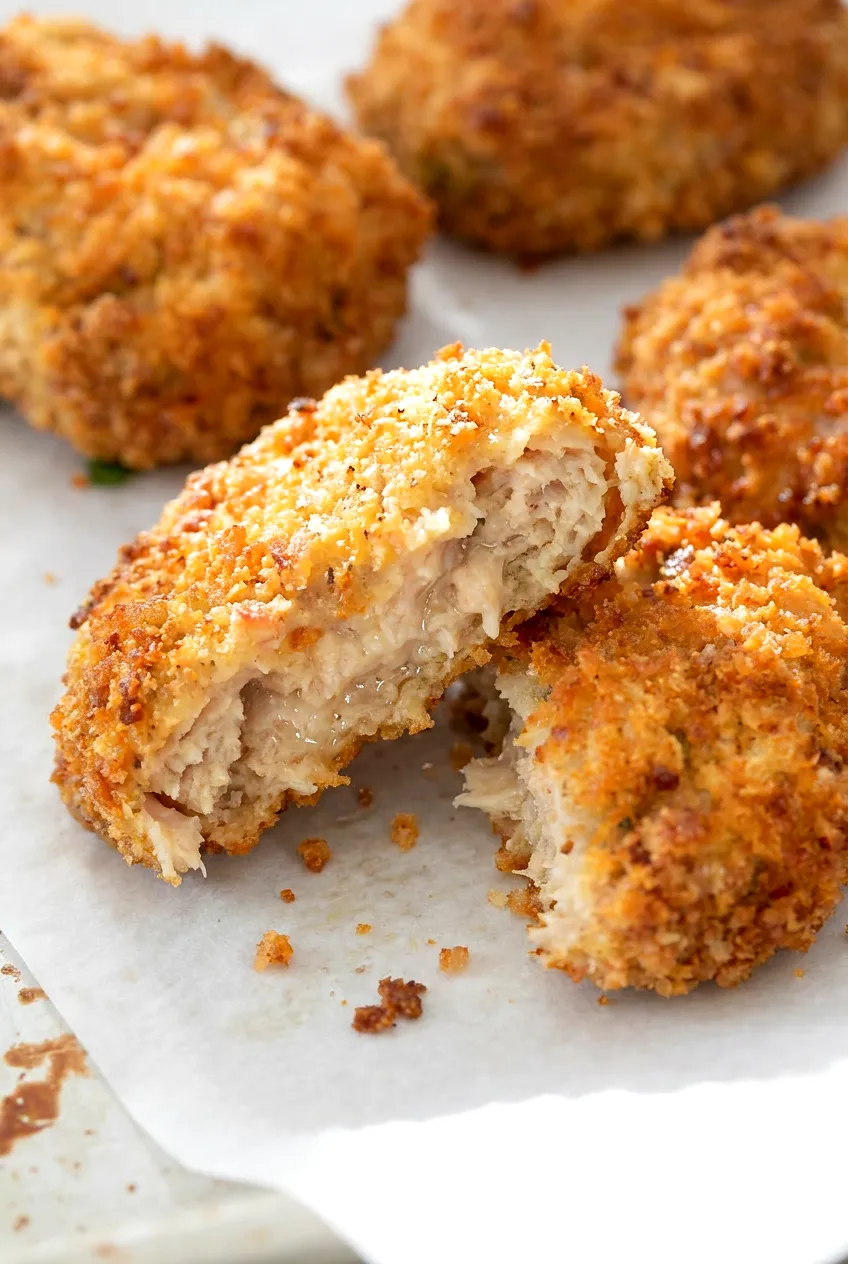 Close-up of a cut-open air fryer ground chicken nugget showing juicy interior and a crisp panko-Parmesan crust with crumbs.