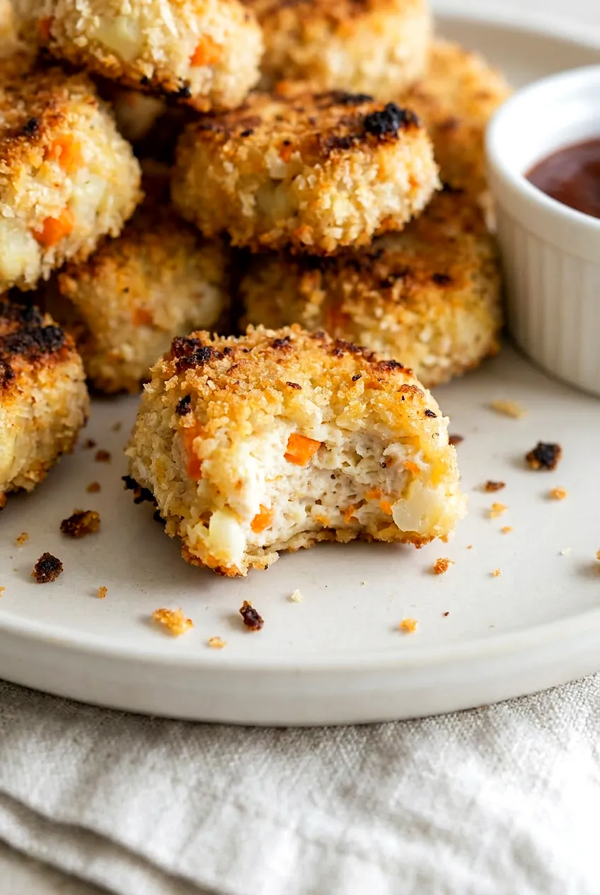 Close-up of a cut-open air fryer chicken nugget with veggies, showing juicy interior with carrot and cauliflower flecks and crisp panko.