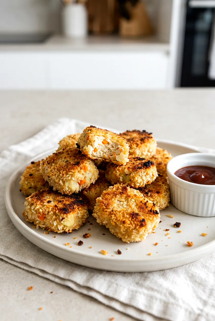 Golden air fryer chicken nuggets with veggies on a plate, crisp panko coating and tender centers, ready to serve.