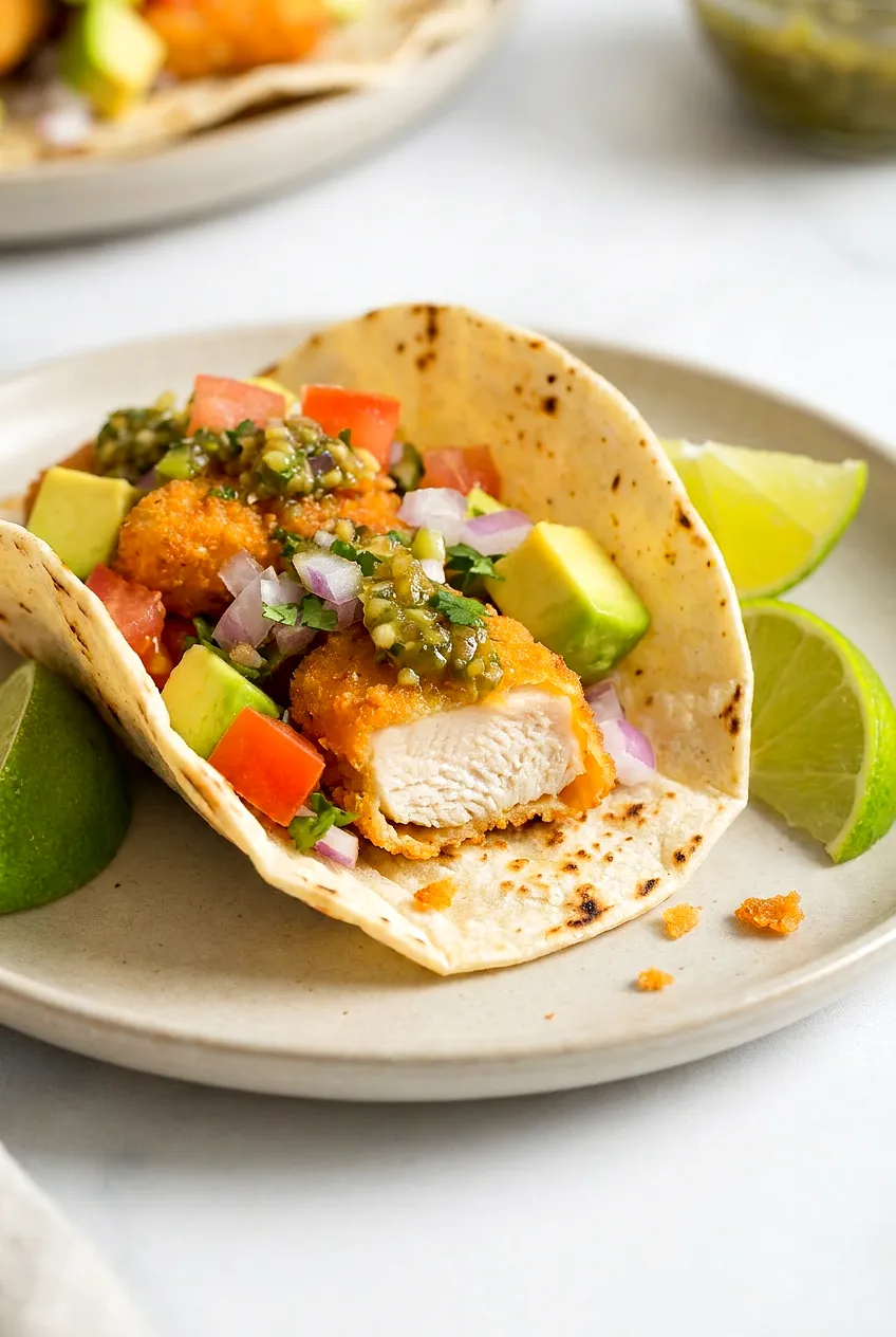 Close-up chicken nugget taco with crunchy golden nugget, avocado, tomato, red onion, cilantro, and a drizzle of salsa verde.