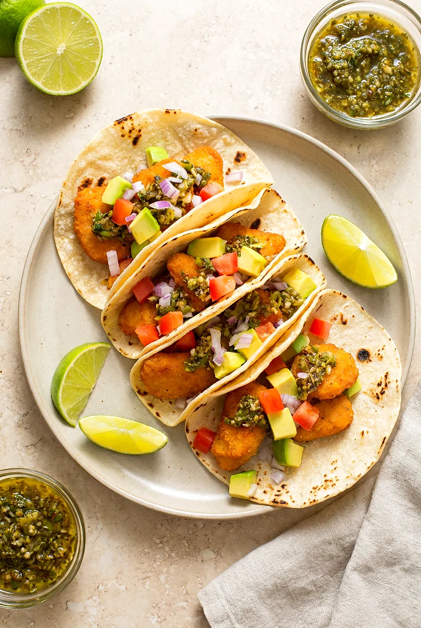 Air Fryer chicken nugget tacos on lightly charred tortillas with avocado, tomato, red onion, cilantro, lime wedges, and salsa verde.