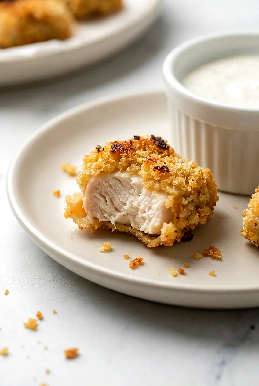 Close-up of a gluten-free air fryer chicken nugget split open showing juicy white meat and crunchy panko crust.