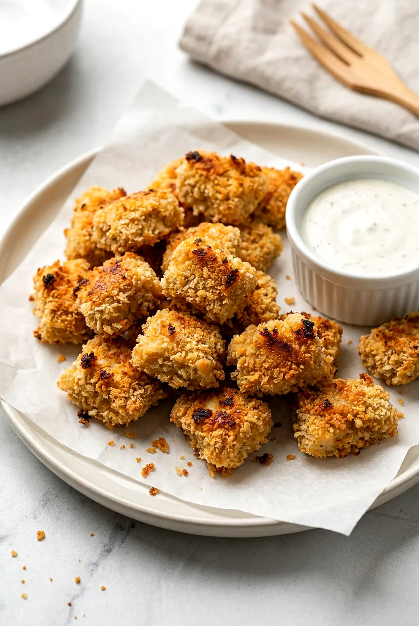 Gluten-free air fryer chicken nuggets, golden and crisp, on a plate with a small ramekin of ranch.