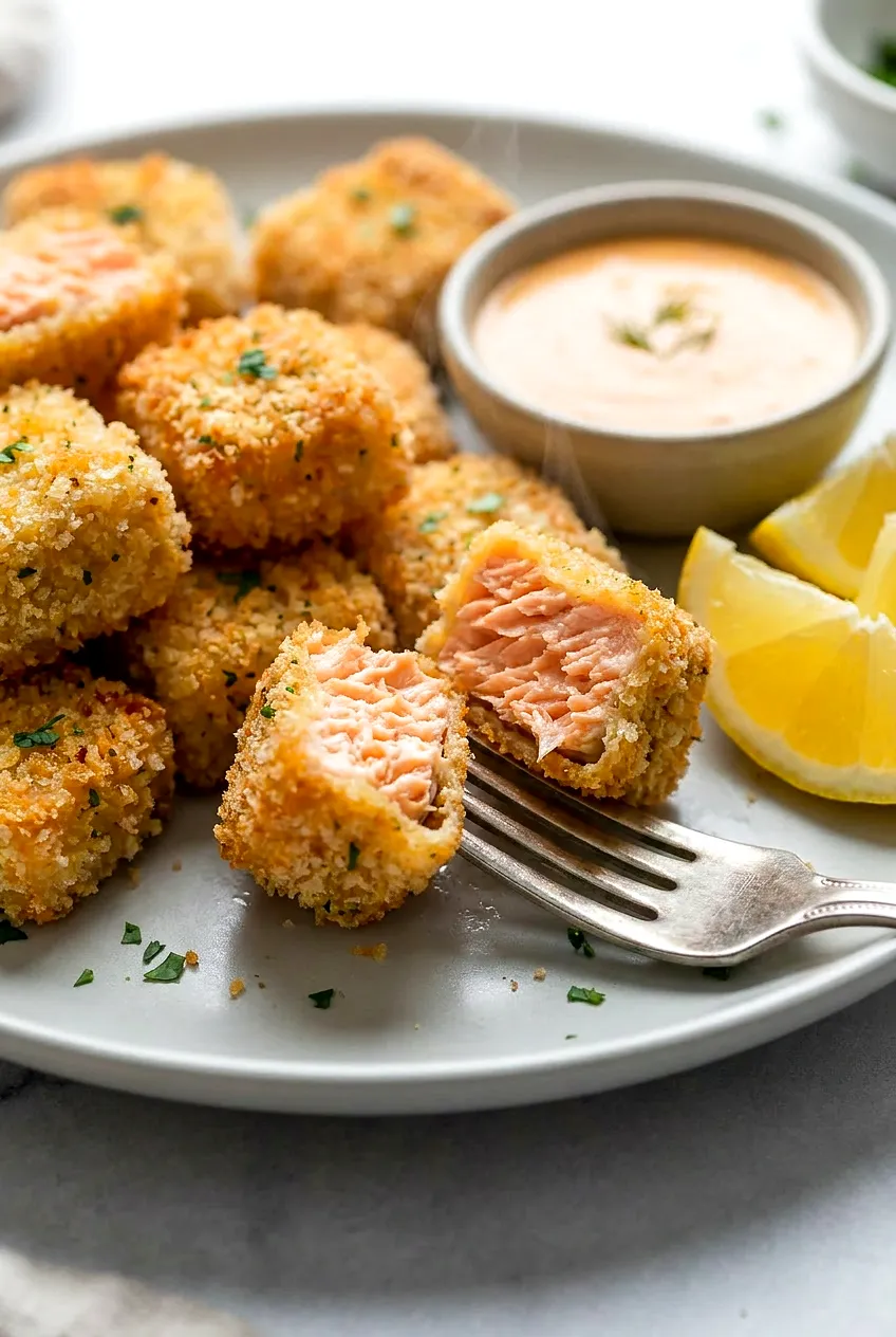 Close-up of broken-open air fryer salmon nugget showing flaky interior and crunchy golden crumb, with parsley and lemon on plate.