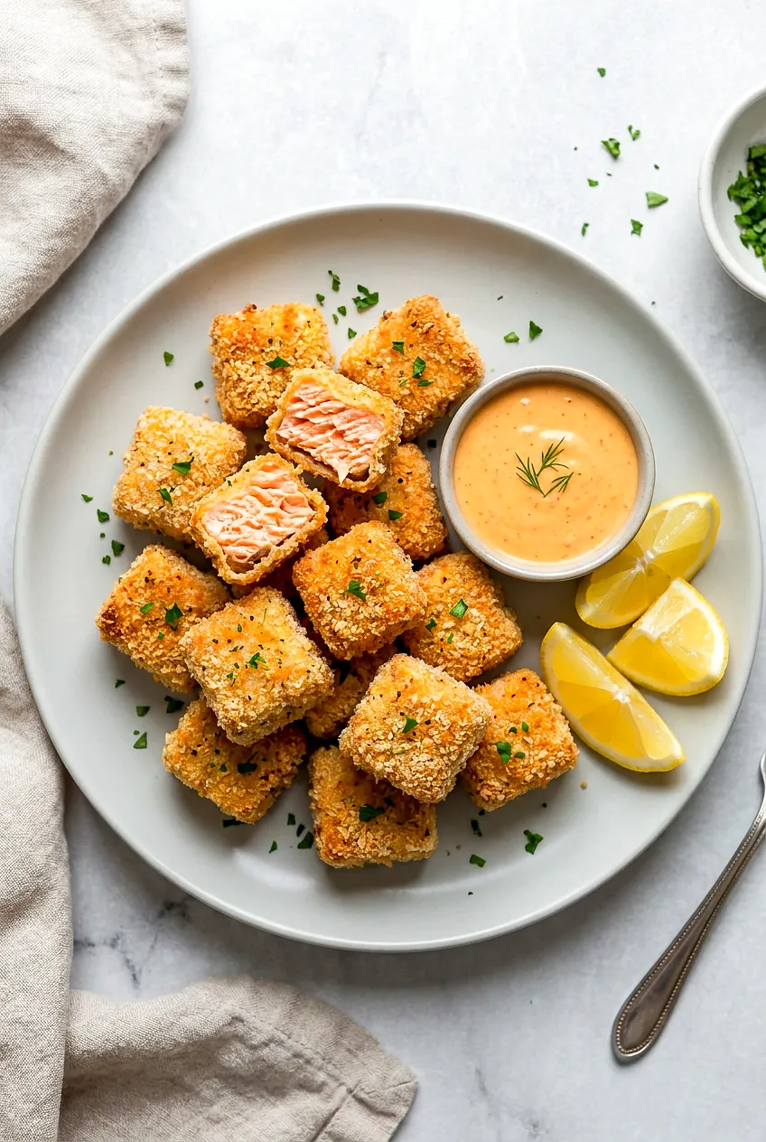 Overhead view of air fryer salmon nuggets on a plate with lemon wedges and spicy mayo; golden, crisp panko-breadcrumb coating.