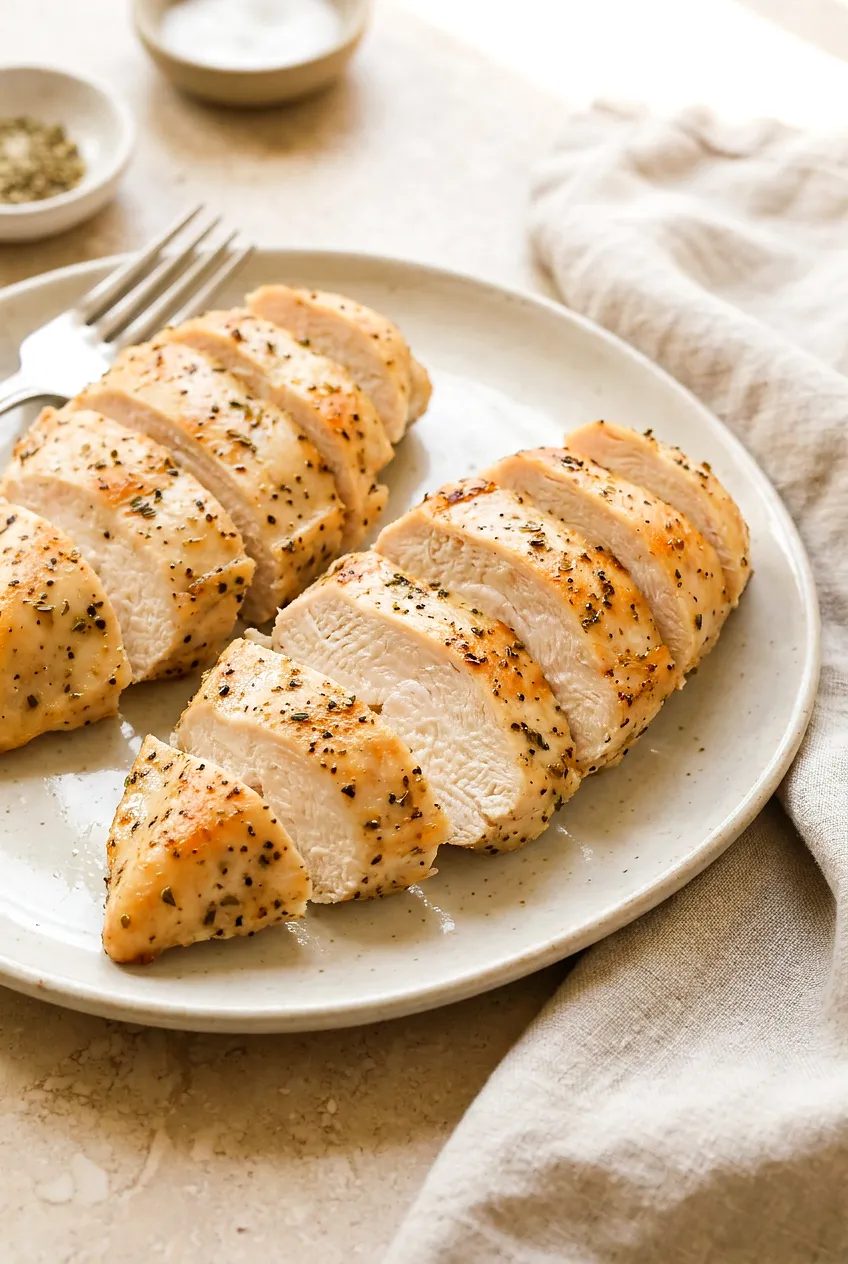 Sliced air fryer chicken breast for salad on a neutral plate, lightly browned with oregano and pepper, juicy interior visible.