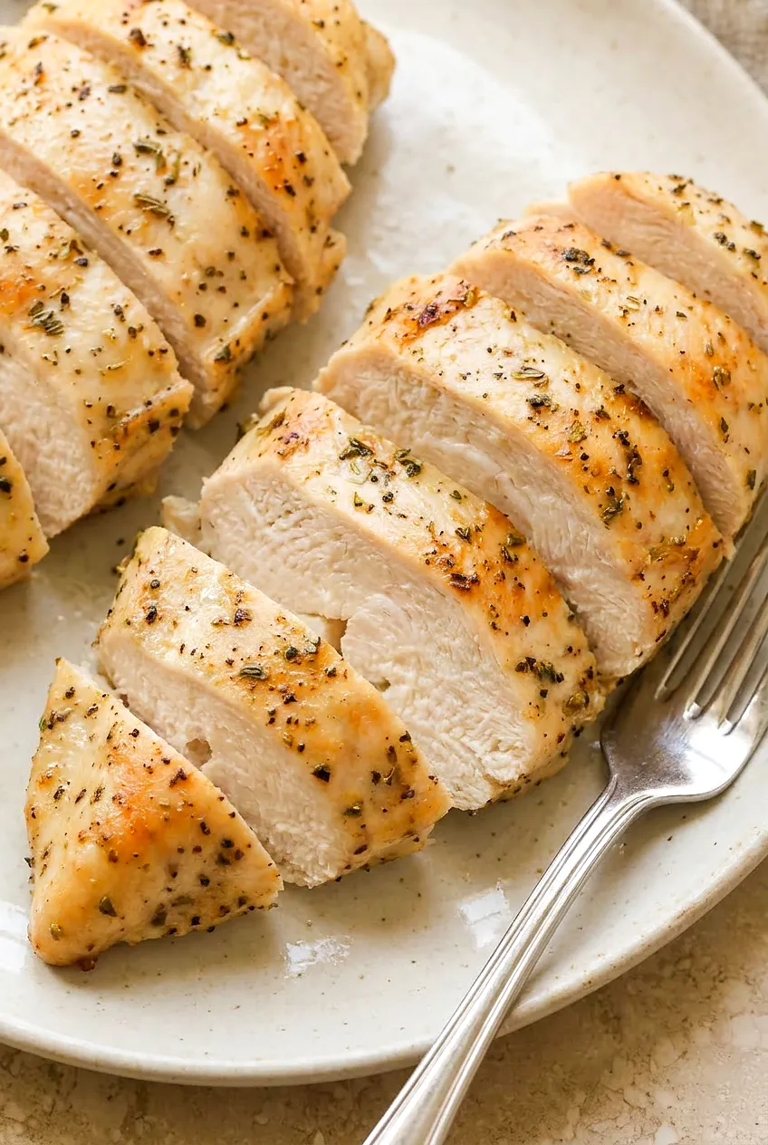 Close-up of sliced air fryer chicken breast for salad, showing moist interior and light golden edges.
