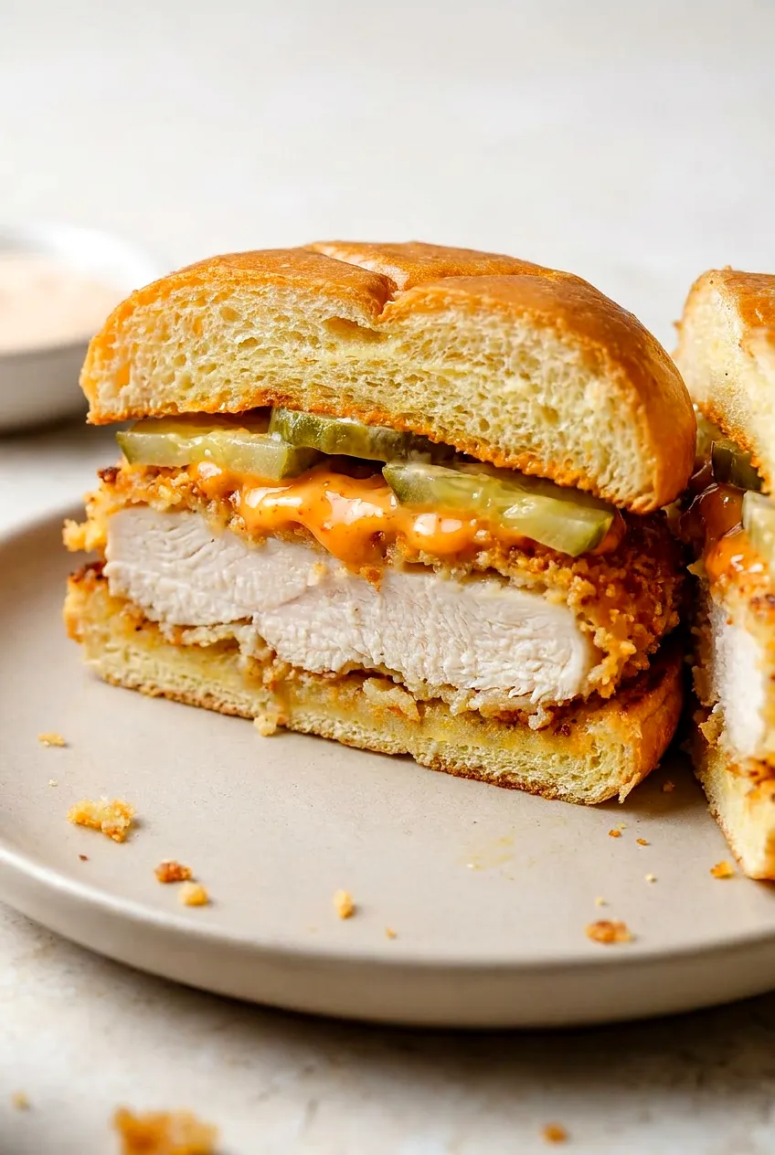 Close-up cross-section of air fryer chicken sandwich with juicy breast, crunchy panko crust, sriracha mayo, and dill pickles on brioche.