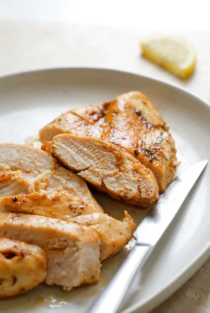 Close-up of sliced air fryer thin chicken breast showing juicy center, light browning, and visible paprika-herb rub.