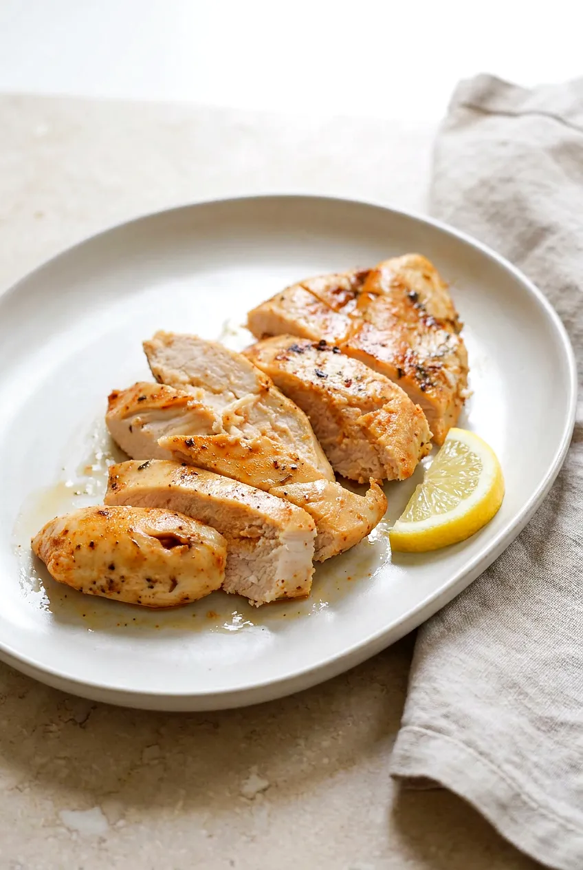Sliced air fryer thin chicken breasts on a white plate with lemon, juicy interior and browned paprika-herb seasoning.