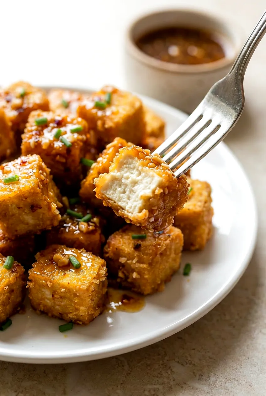 Close-up honey garlic air fryer tofu, glossy sauce clinging to crisp panko coating, sesame seeds and scallions visible.