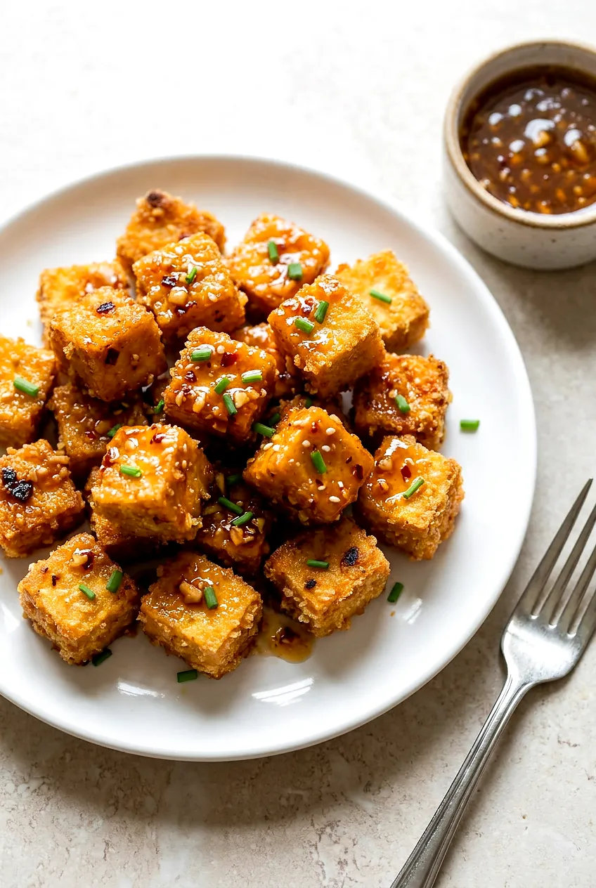 Golden honey garlic air fryer tofu on a ceramic plate, glossy sauce, crisp panko edges, sesame seeds and sliced scallions.
