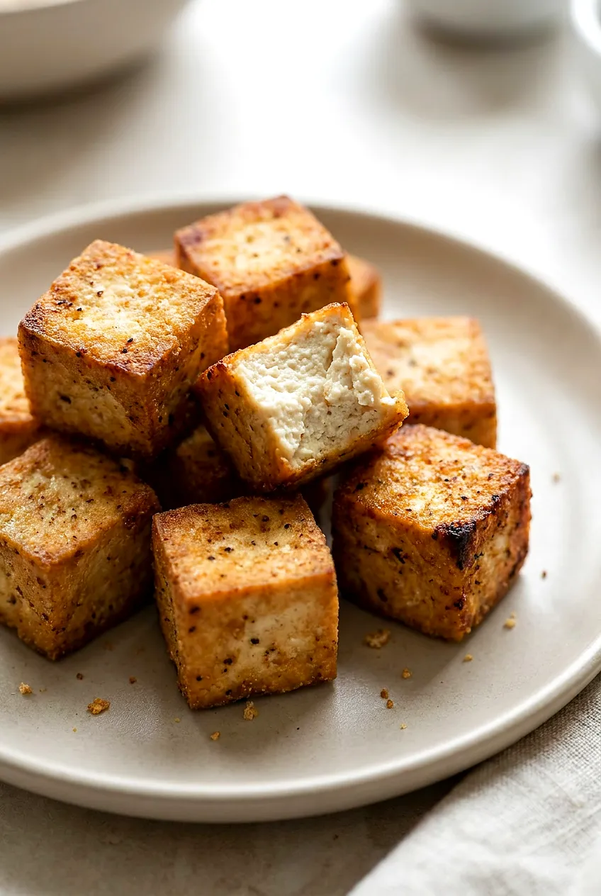 Close-up of Air Fryer tofu cube showing matte, crisp coating and tender white interior.