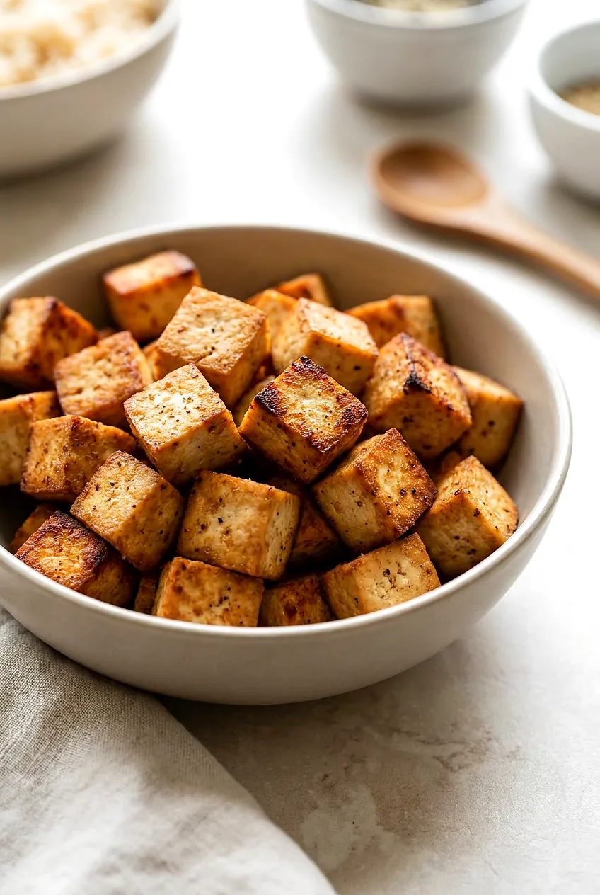 Crispy Air Fryer tofu cubes in a shallow ceramic bowl, golden-brown edges and light cornstarch crust.