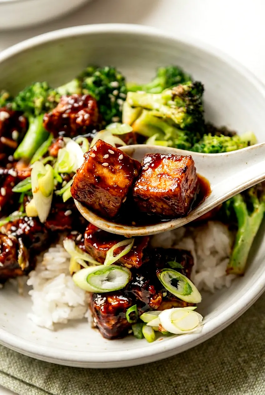 Close-up of Air Fryer Teriyaki Tofu showing glossy pineapple-ginger glaze on browned cubes over rice, with sesame seeds and green onion.