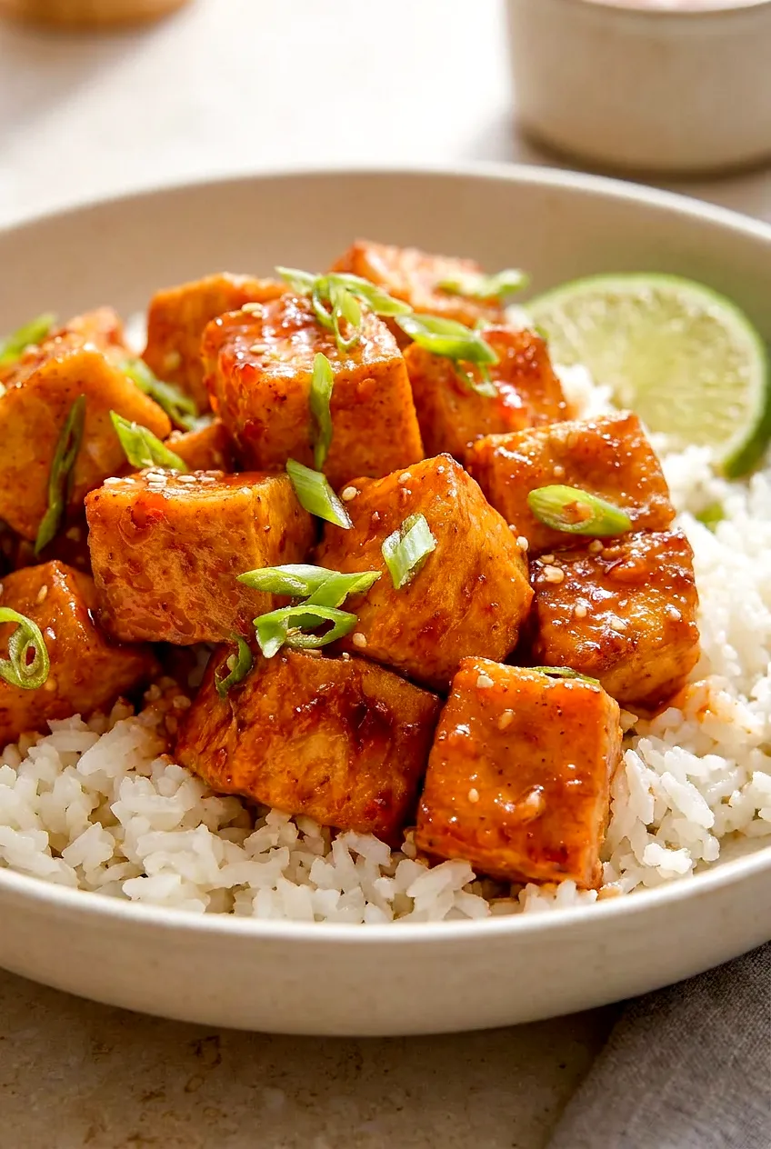 Close-up of glazed air fryer sweet chili tofu showing glossy sauce on crisp golden edges over rice with sesame and scallions.