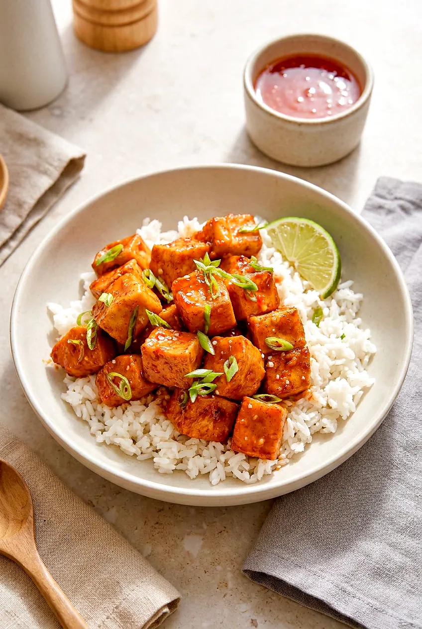 Air fryer sweet chili tofu over jasmine rice, lightly glazed, with scallions, sesame seeds, and a lime wedge.