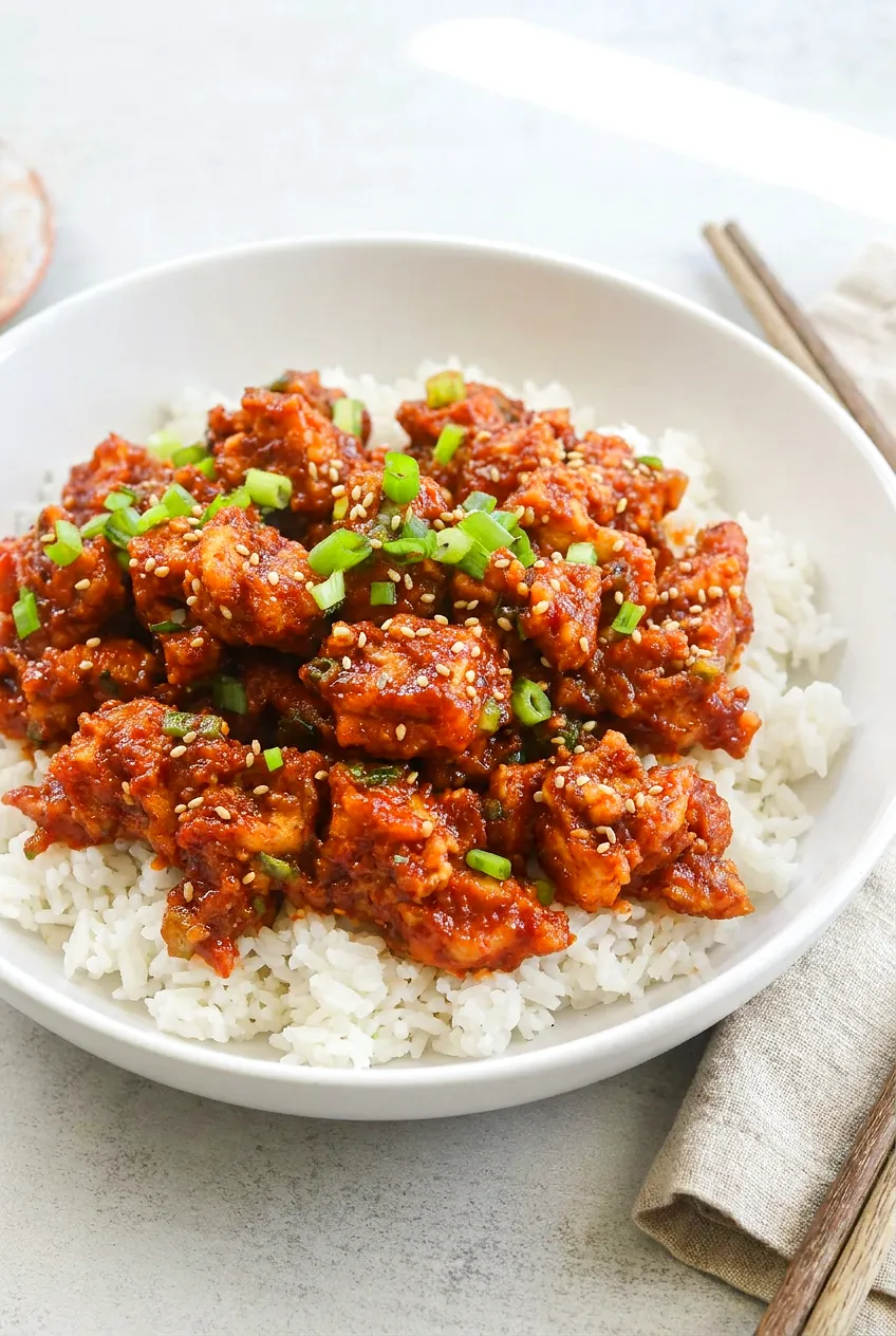 Air Fryer Gochujang Tofu cubes in glossy red glaze over white rice, topped with sliced green onions and sesame seeds.