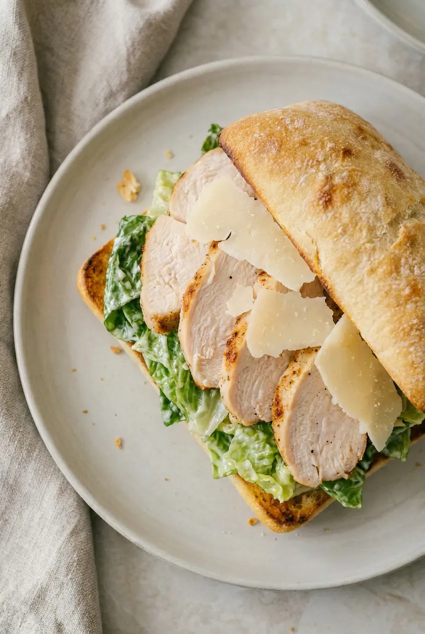 Close-up of sliced air fryer chicken in a Caesar salad sandwich showing browned edges and glossy romaine on toasted bread
