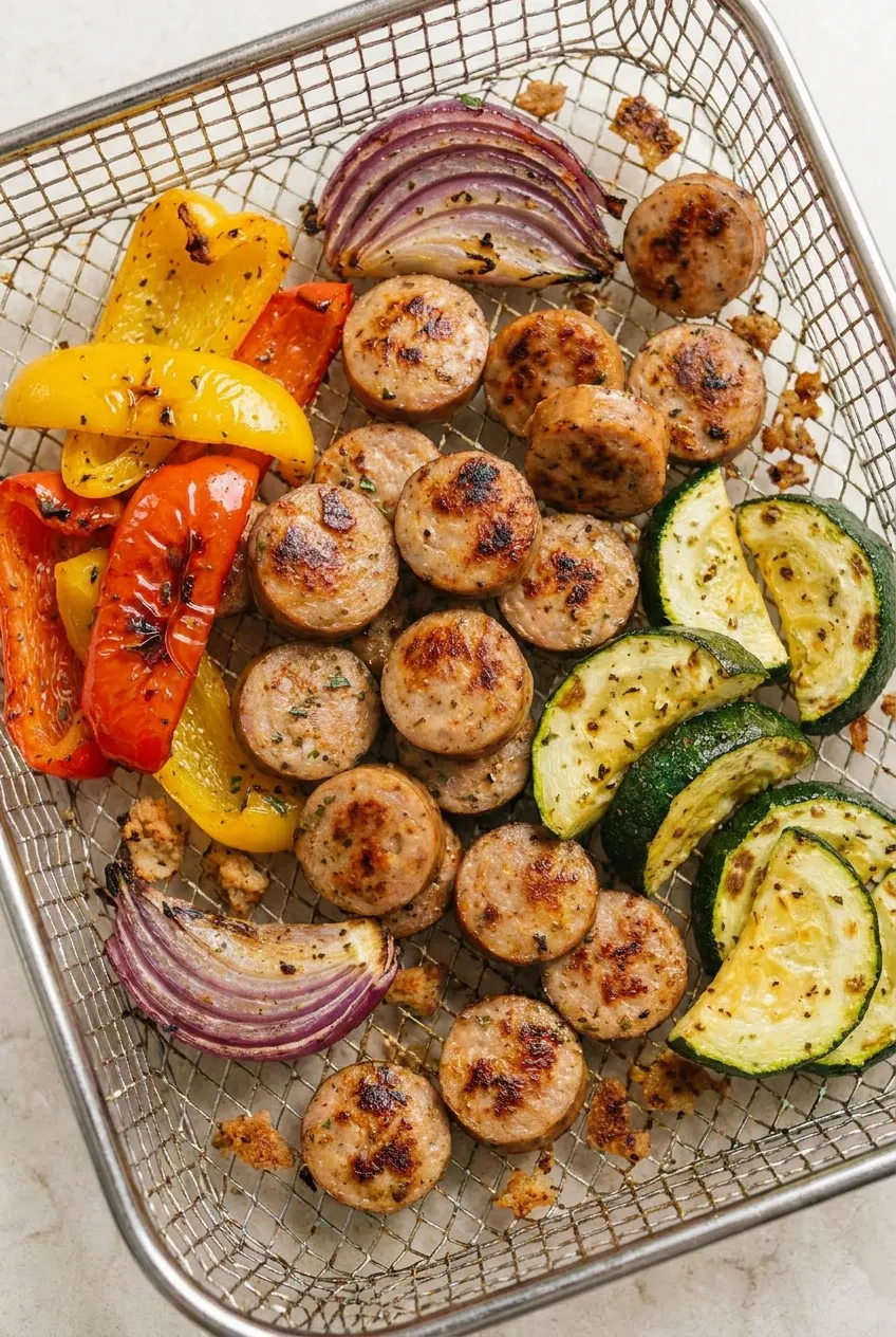 Close-up of air fryer chicken sausage and veggies in the basket showing browned peppers, blistered sausage coins, and roasted zucchini.