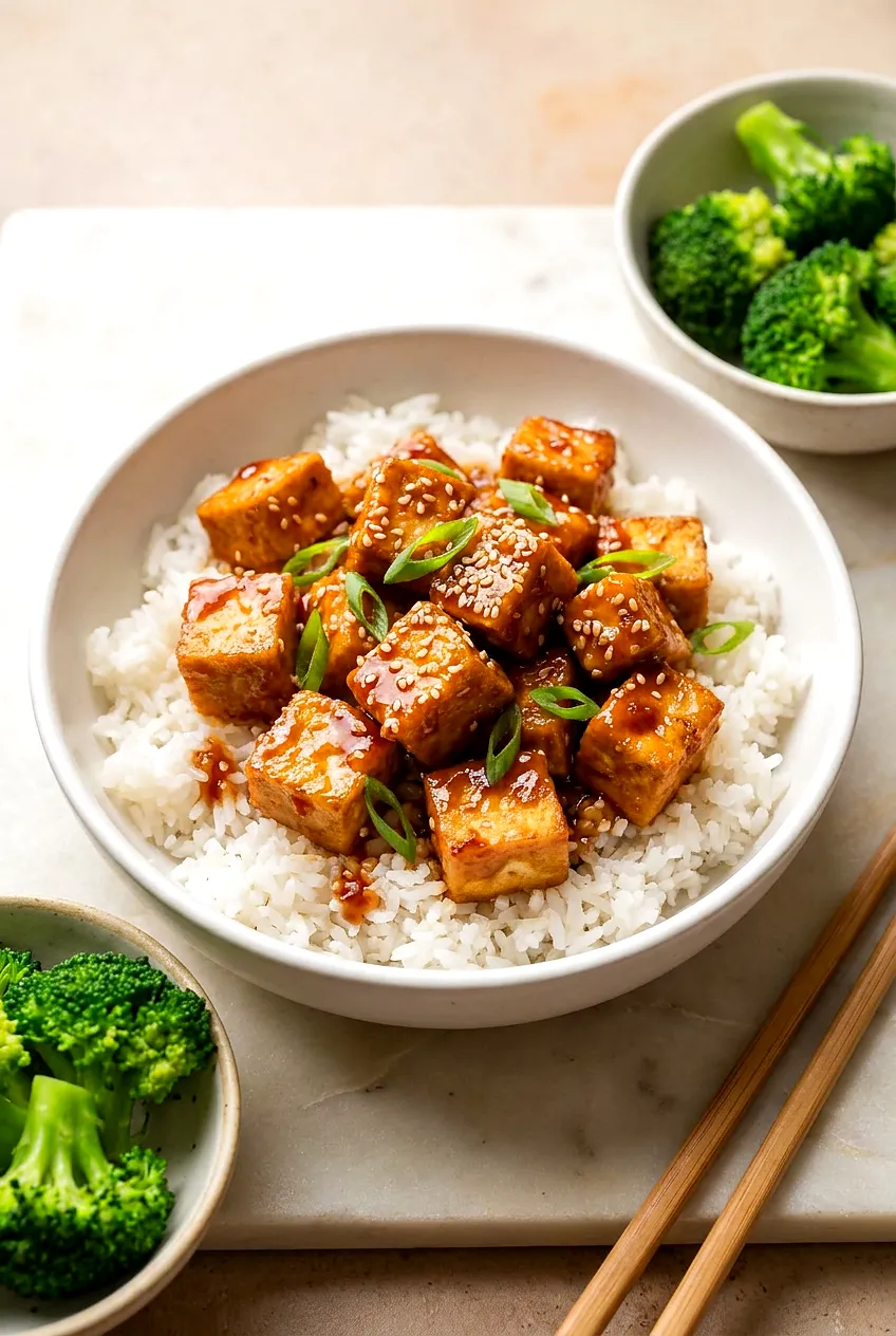 Air Fryer General Tso’s Tofu over rice, glossy sauce on crisp golden cubes, with sesame seeds, green onions, and broccoli.