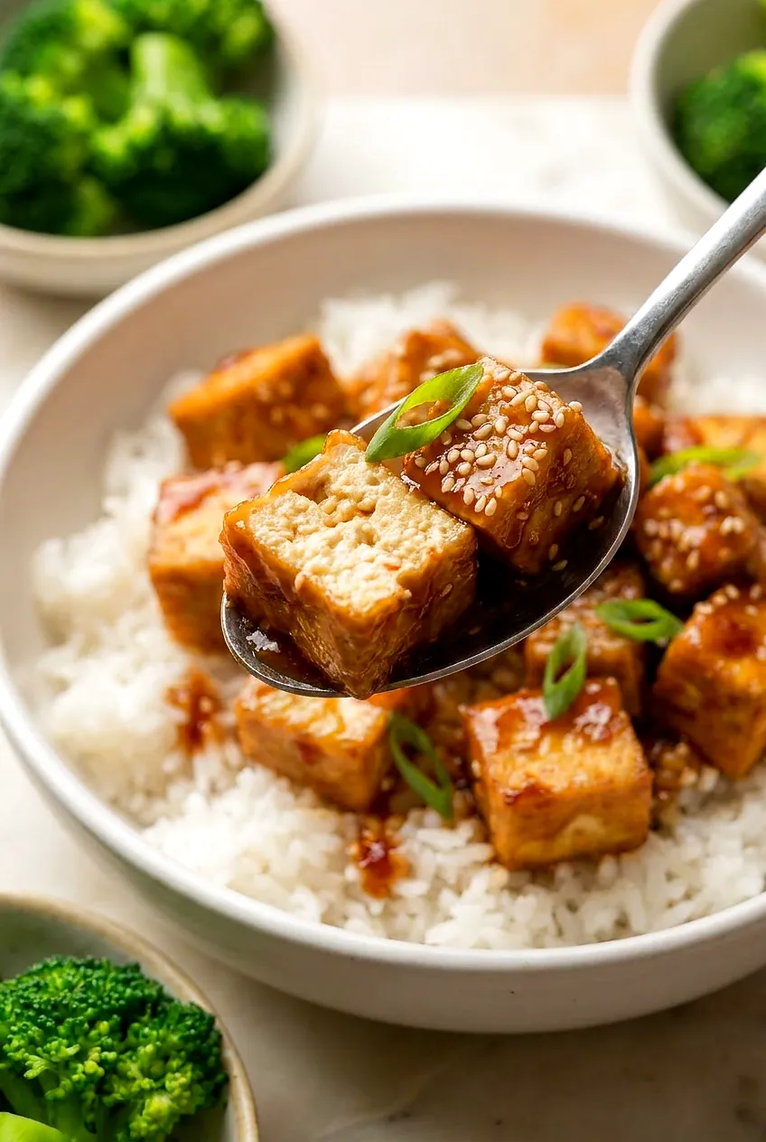 Close-up of General Tso’s tofu showing glossy sauce clinging to crisp edges, sesame seeds and scallions on top.
