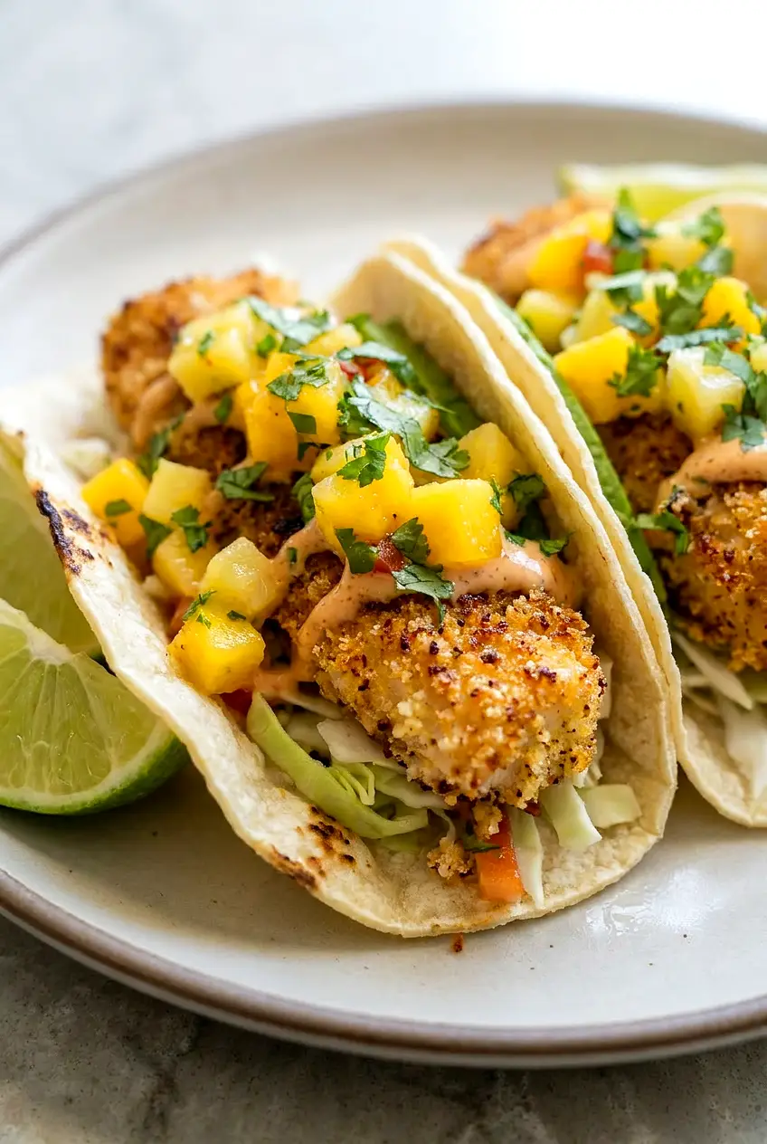 Close-up of flaky air fryer mahi mahi inside a taco, showing juicy pieces, cabbage crunch, and bright pineapple-mango salsa