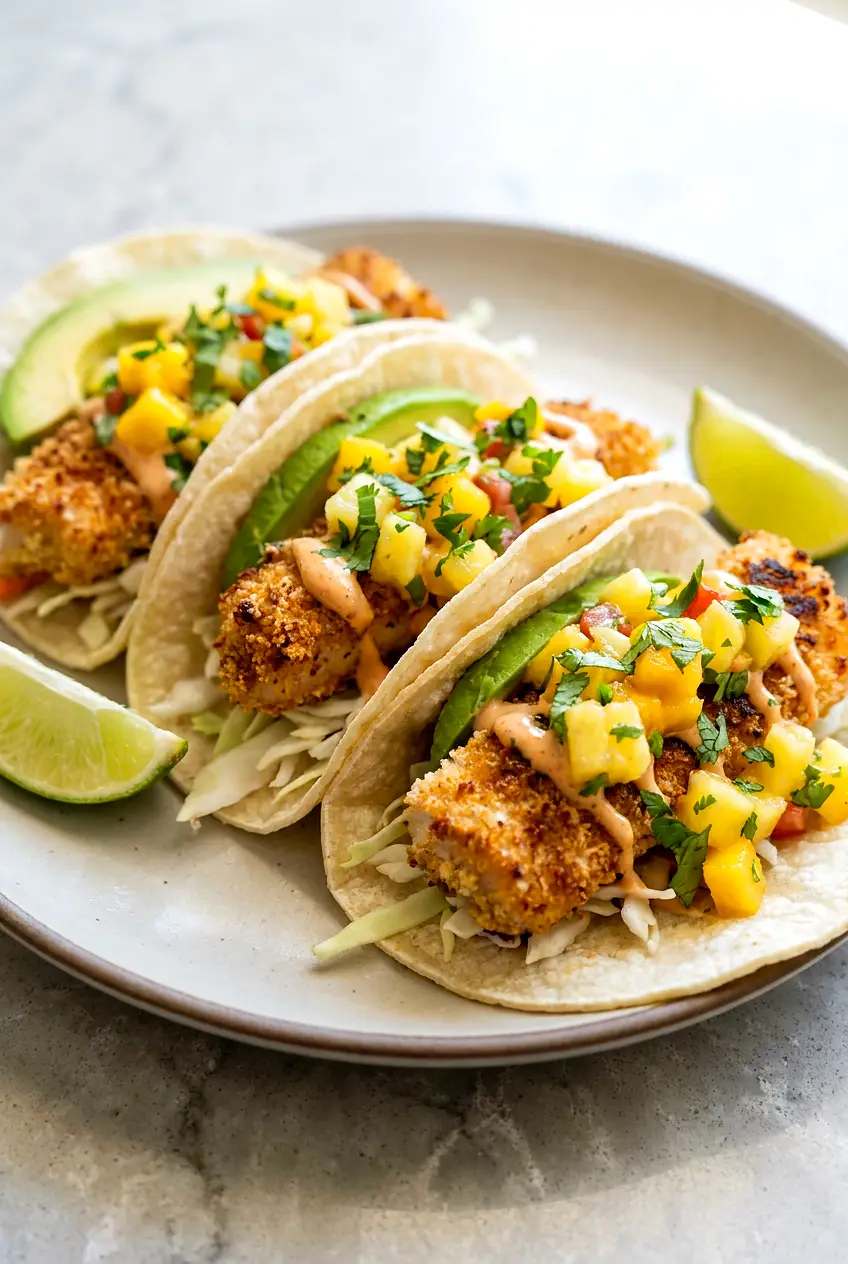 Air fryer mahi mahi fish tacos with pineapple-mango salsa, cabbage, avocado, cilantro, and lime wedges on a plate
