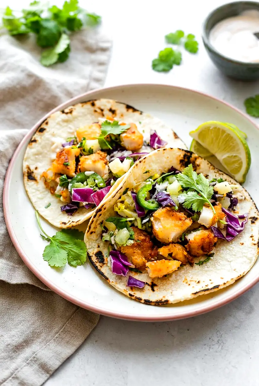 Two air fryer fish tacos with pineapple slaw on corn tortillas, cilantro and lime, showing golden, crisp-edged battered cod.