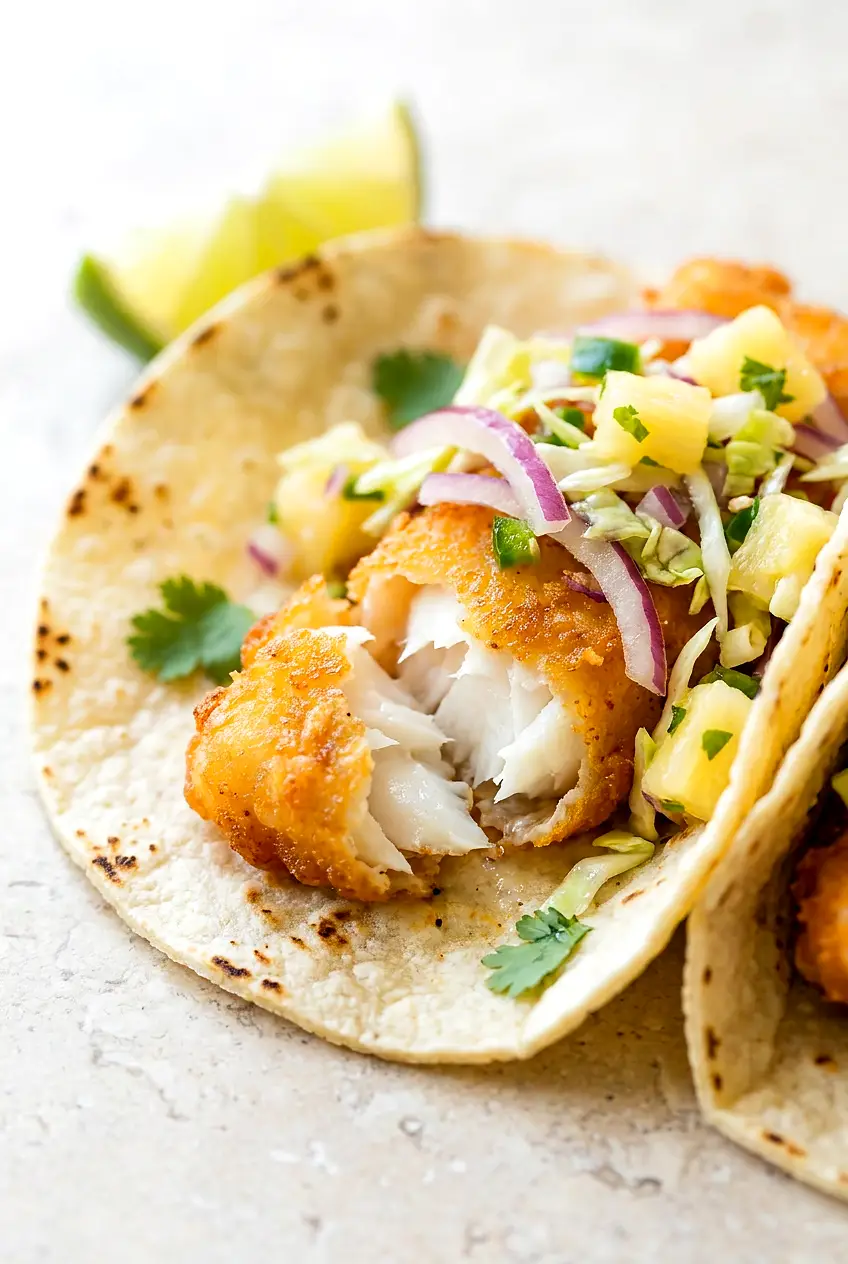 Close-up fish taco cut open showing flaky cod and crisp coating, topped with pineapple slaw on a warm corn tortilla.