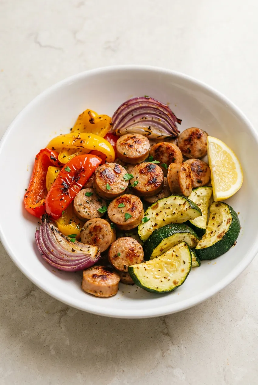 Air fryer chicken sausage and veggies on a plate with peppers, red onion, and zucchini, tender-crisp with browned edges and parsley.