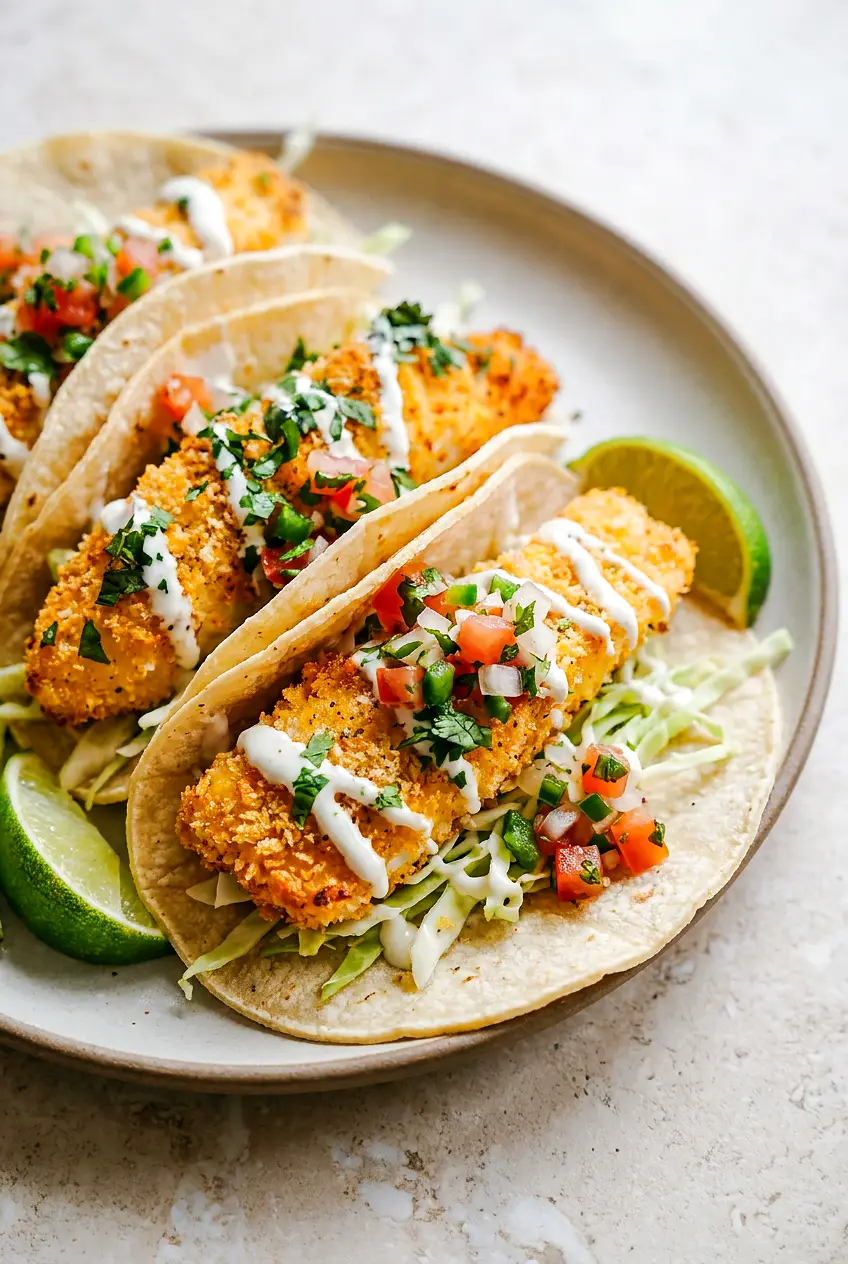Air fryer fish tacos with crispy panko cod on corn tortillas, shredded cabbage, lime crema, cilantro, and lime wedges.