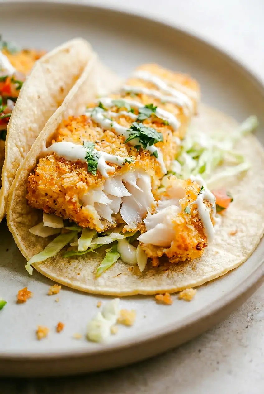 Close-up of air fryer fish taco showing flaky white fish inside a golden panko crust with lime crema and cabbage.