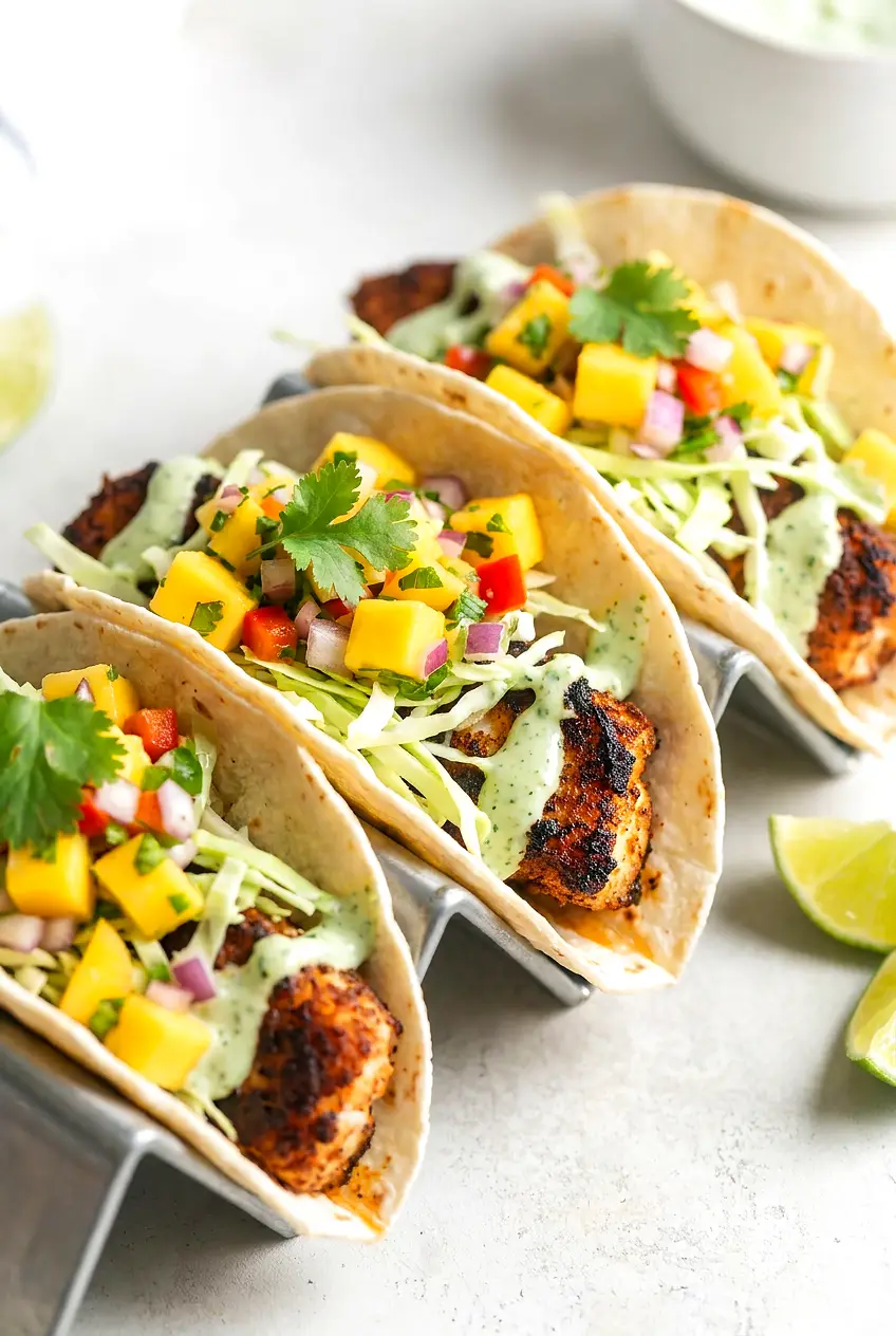 Three air fryer cod fish tacos with mango salsa, cabbage, and cilantro in a metal taco tray, lime wedges on the side.