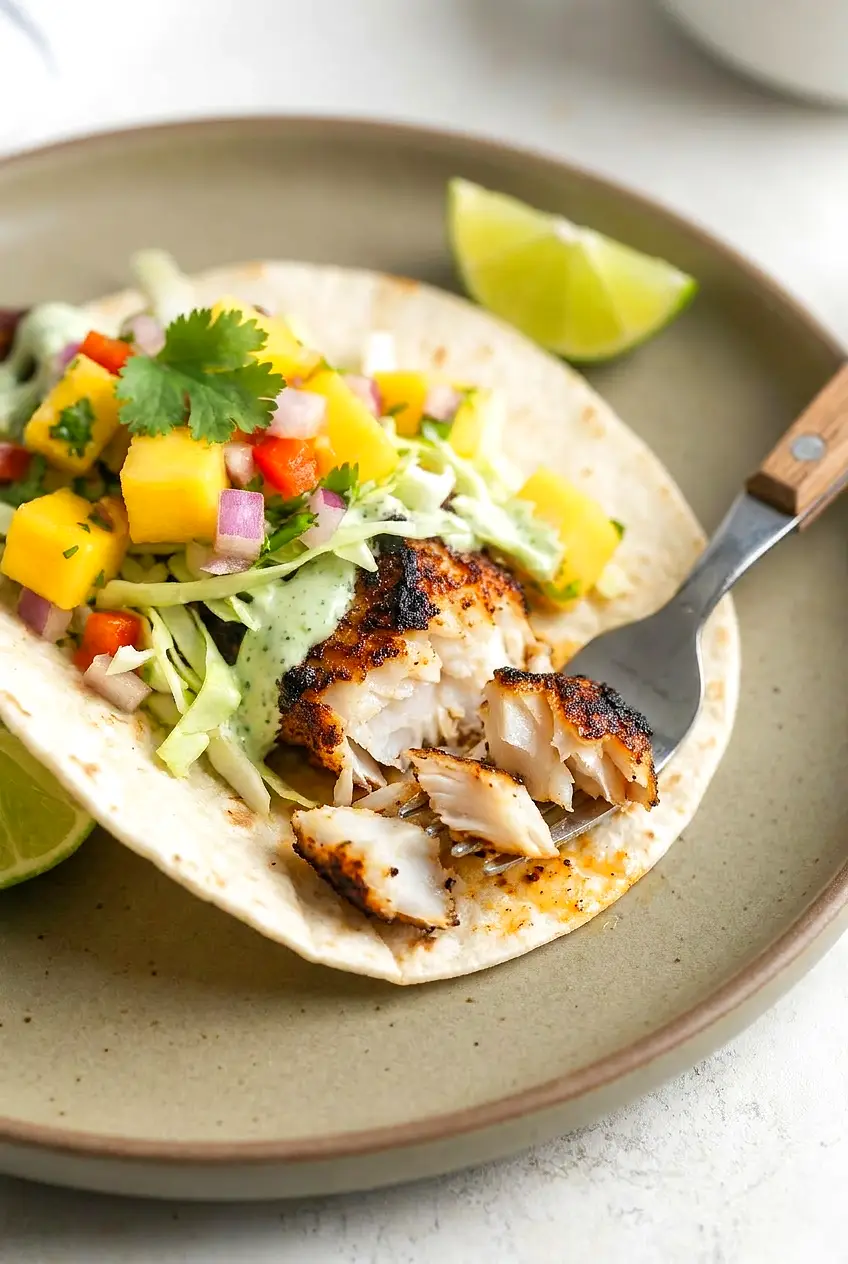 Close-up of a cod fish taco showing flaky blackened cod, mango salsa, and crunchy cabbage in a warm corn tortilla.