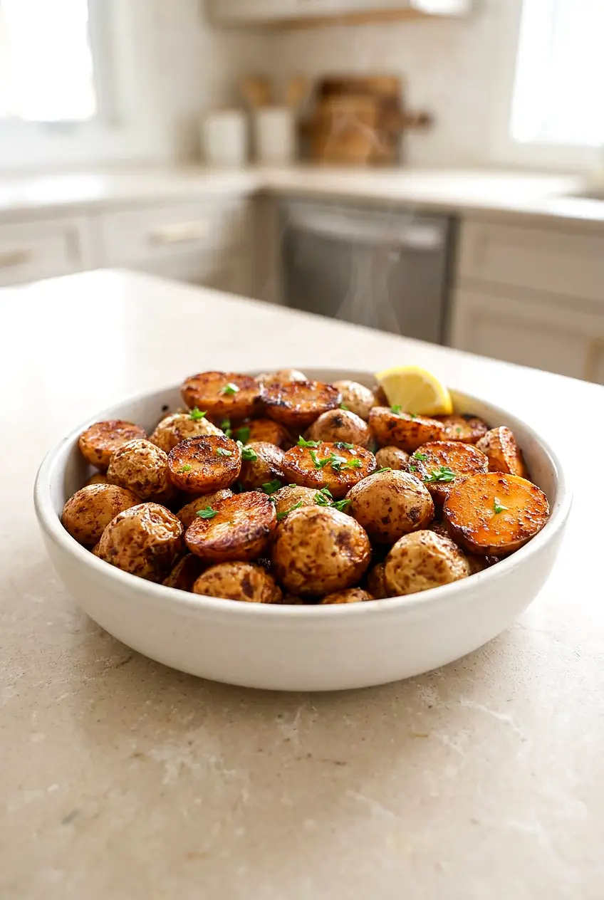 Air Fryer Mini Potatoes on a white plate, browned and blistered with crisp edges, sprinkled with parsley and a lemon wedge.