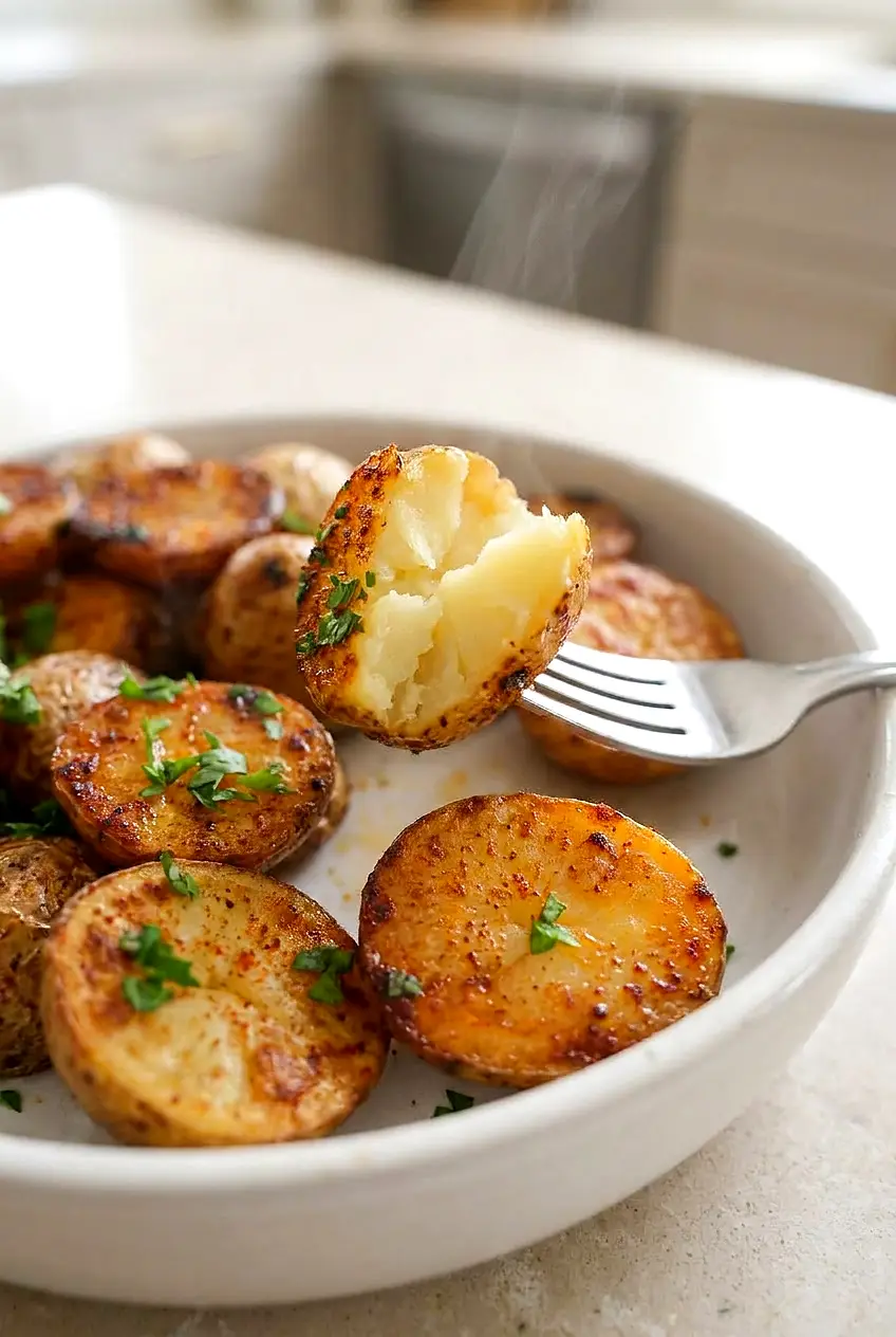 Close-up of halved Air Fryer Mini Potatoes showing creamy interior and blistered, seasoned skins.