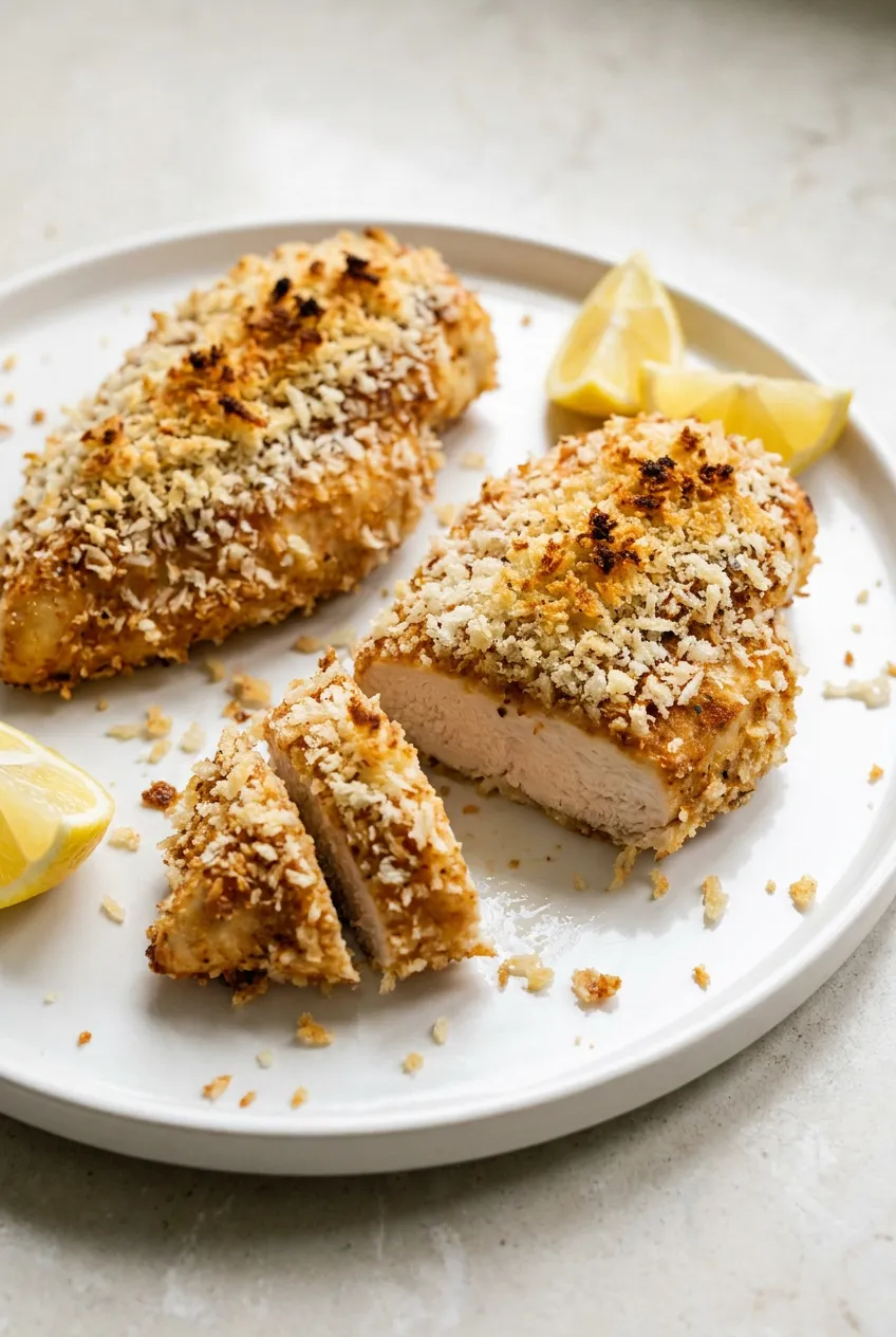 Crispy air fryer panko-crusted chicken breasts sliced with lemon wedges on a ceramic plate